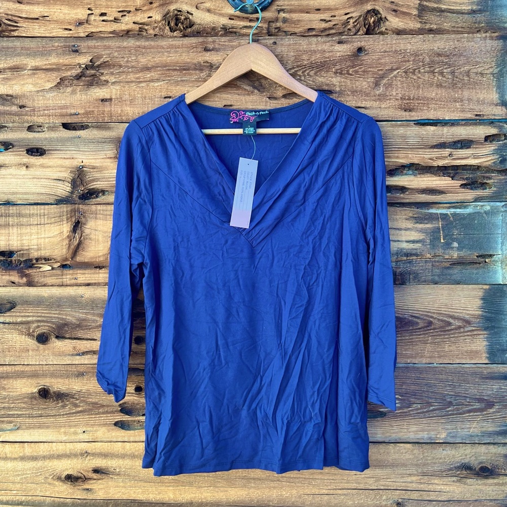 PECK & PECK | NWT Blue V-Neck 3/4 Sleeve Top L